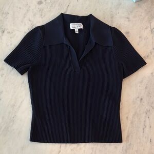 & Other Stories Navy Ribbed Polo Collar Top